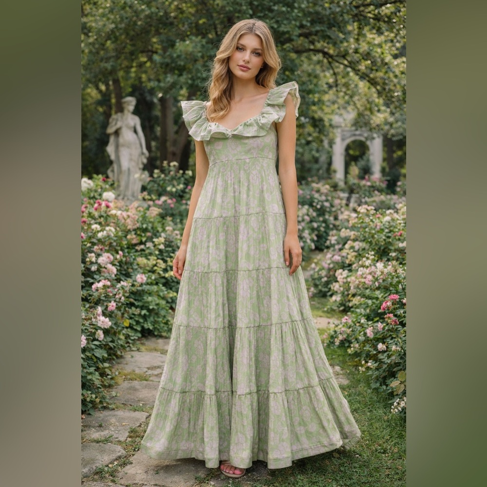 Ruffled Square-Neck Maxi Dress in Light Green